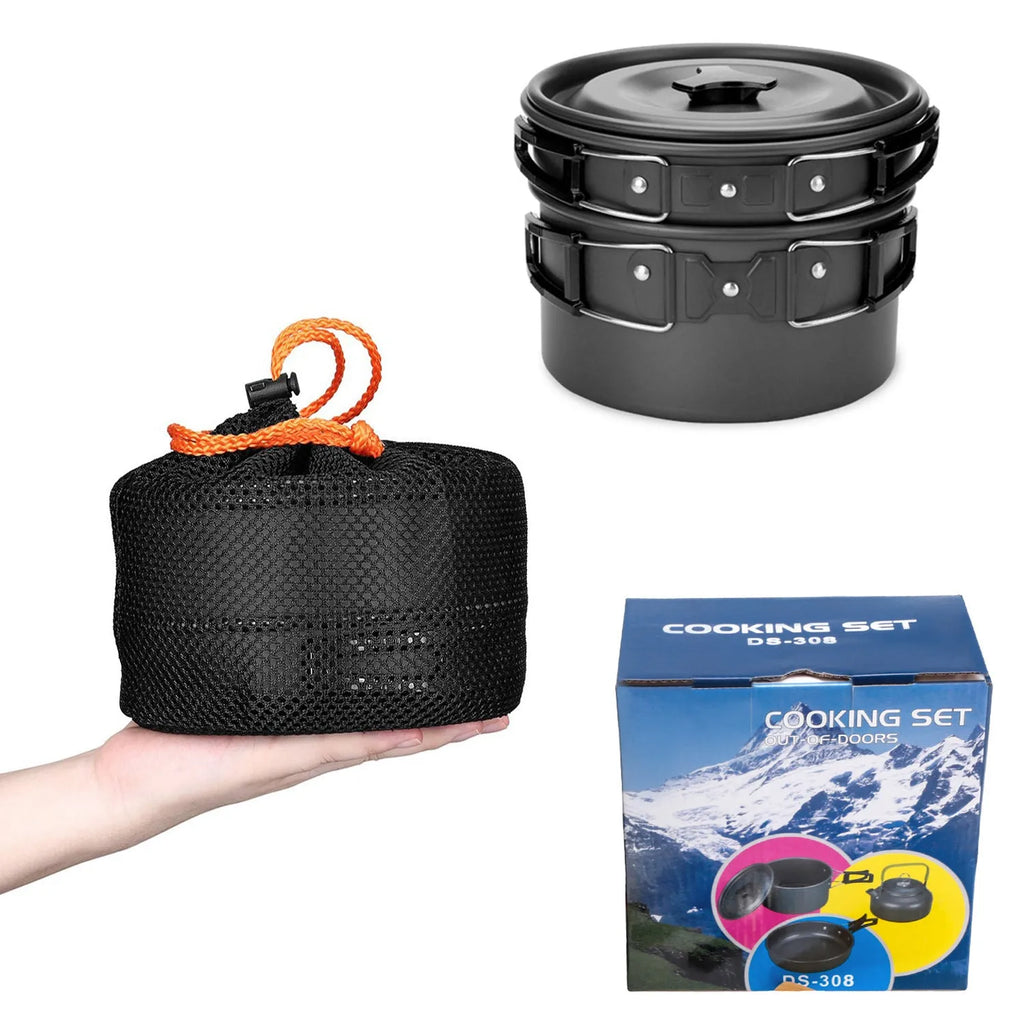 Camping cooker set with hard alumina pans, 0.8L teapot, stainless steel cups, plates, and cutlery in black, green, or orange.