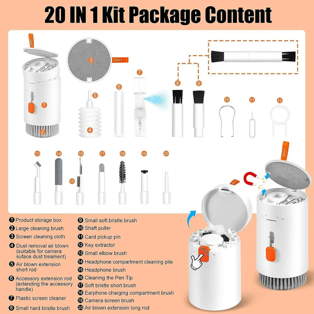 20 in 1 electronic cleaning kit with ABS tools in cylindrical black holder on white background