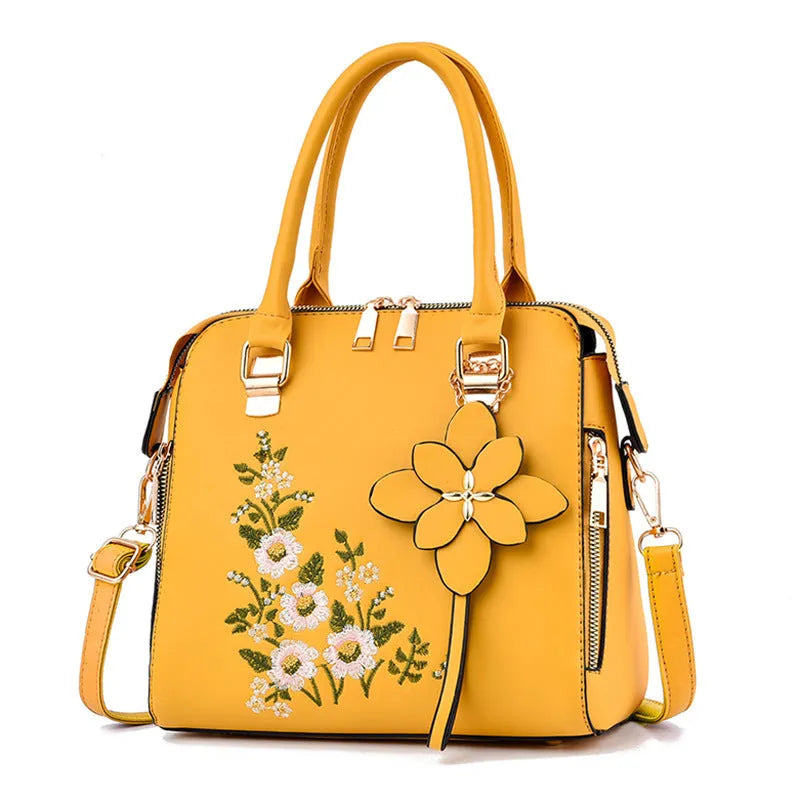Large embroidered flower handbag for women in horizontal square shape with zipper closure and single strap