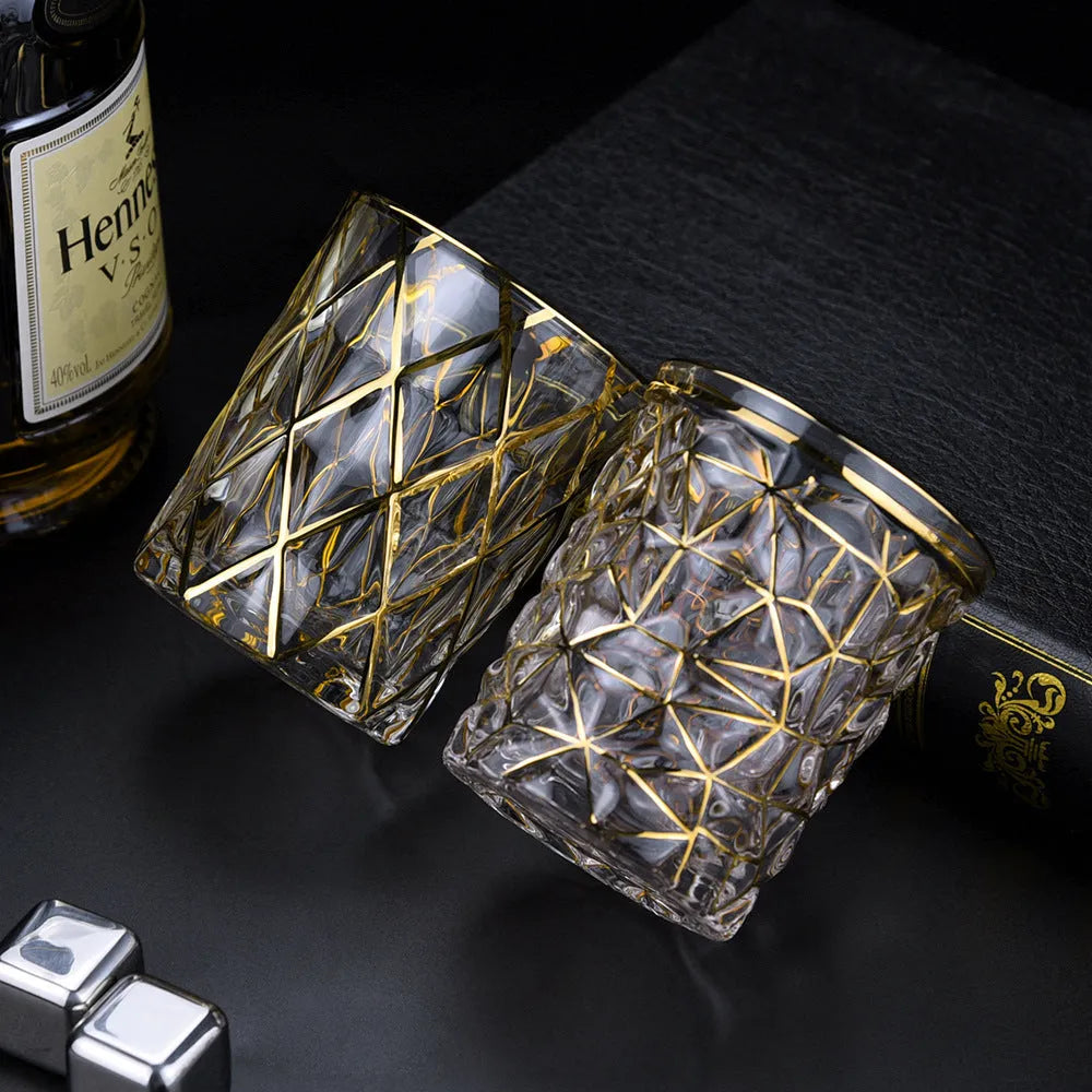 330ml crystal glass cup with hand-painted gold detail, cylindrical single-layer shape for family use