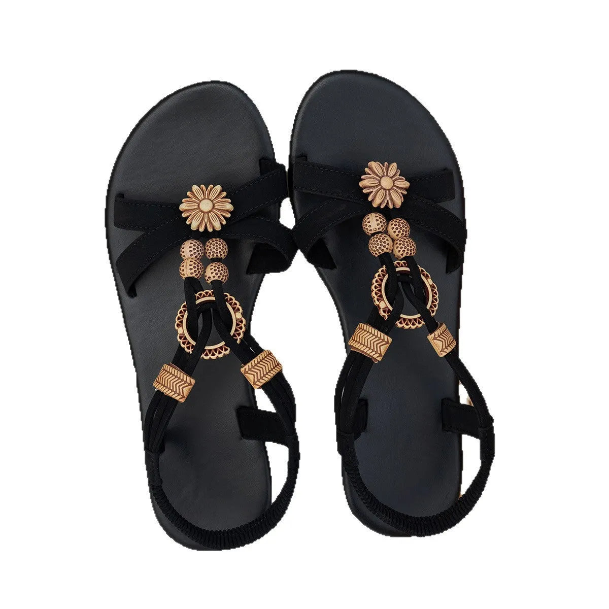 Black women's flat open-toe beach sandals with beaded weave upper, rhinestone decoration, and elastic band.