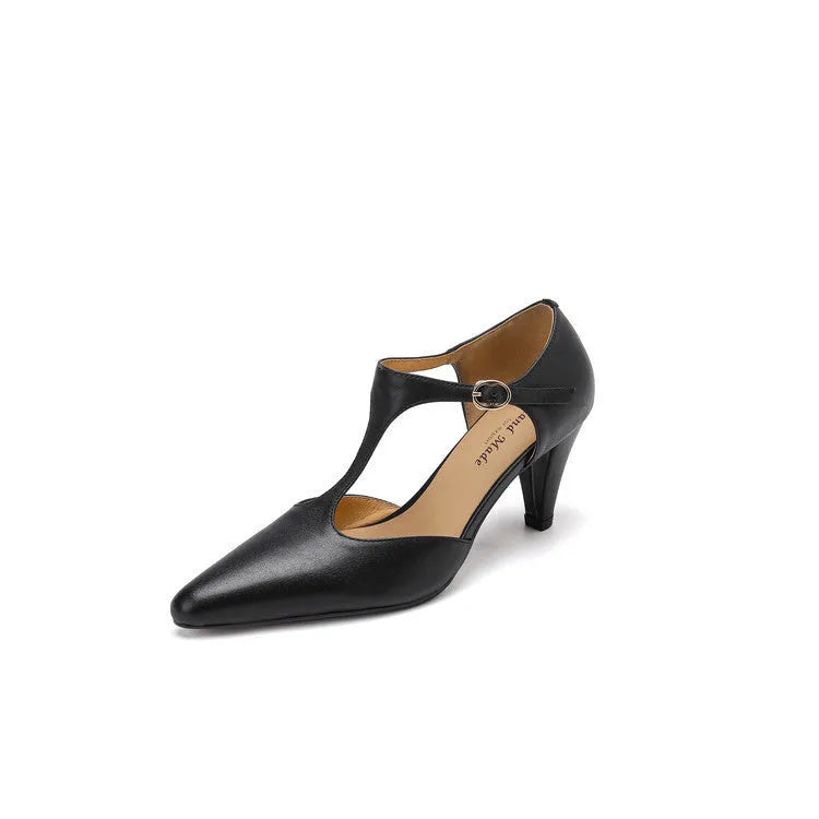 Brown retro women's T-strap sandals with buckle closure and a closed round toe.