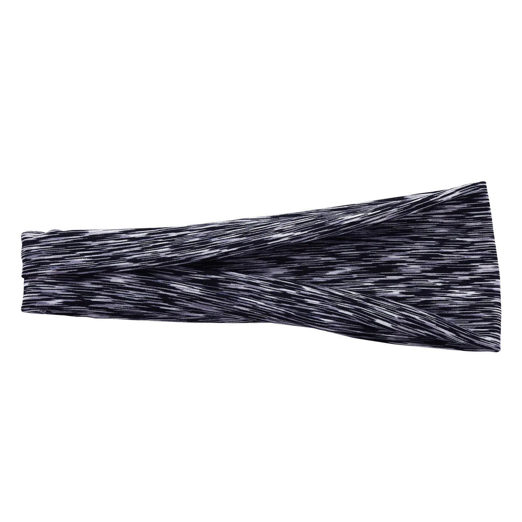 Placed flat, a plaid pattern sports headband in a neutral colour, with geometric elements at the centre