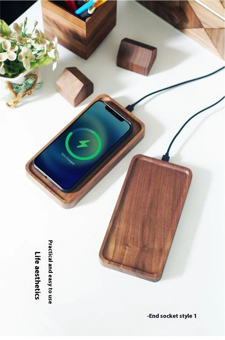 Black walnut wooden tray wireless charger with 15W fast charge, 6mm sensing distance and cable outlet options