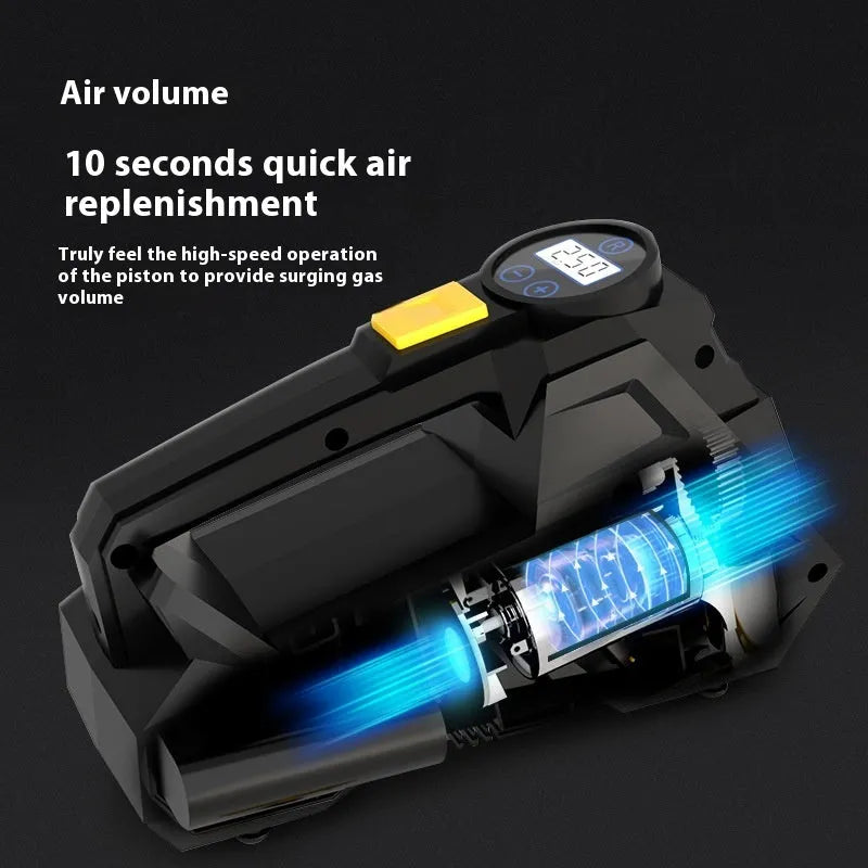 Black portable car tyre inflator with digital display and air hose, shown next to a car tyre valve.