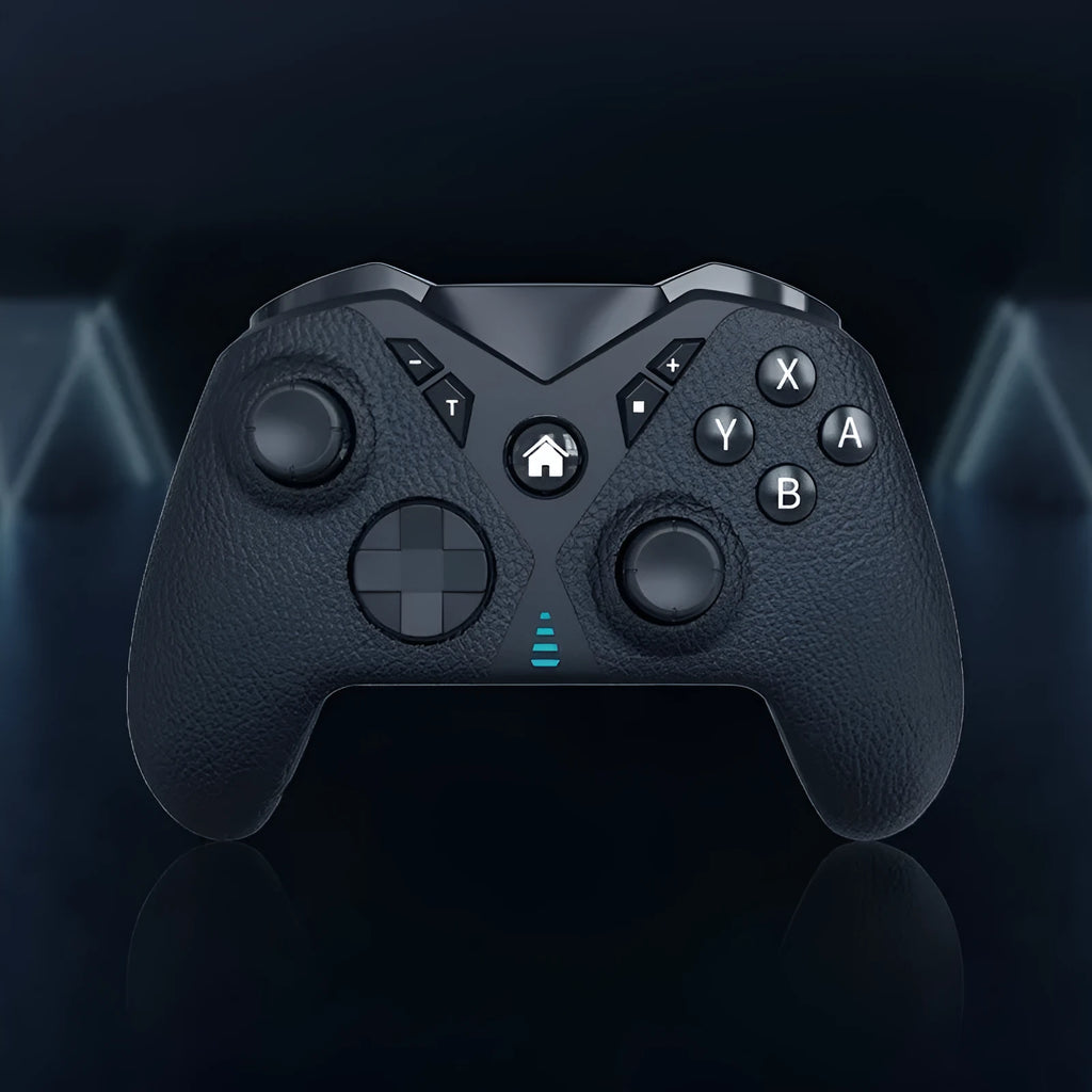 Black wireless game controller with leather-texture grips on ABS plastic shell, showing type-C port.