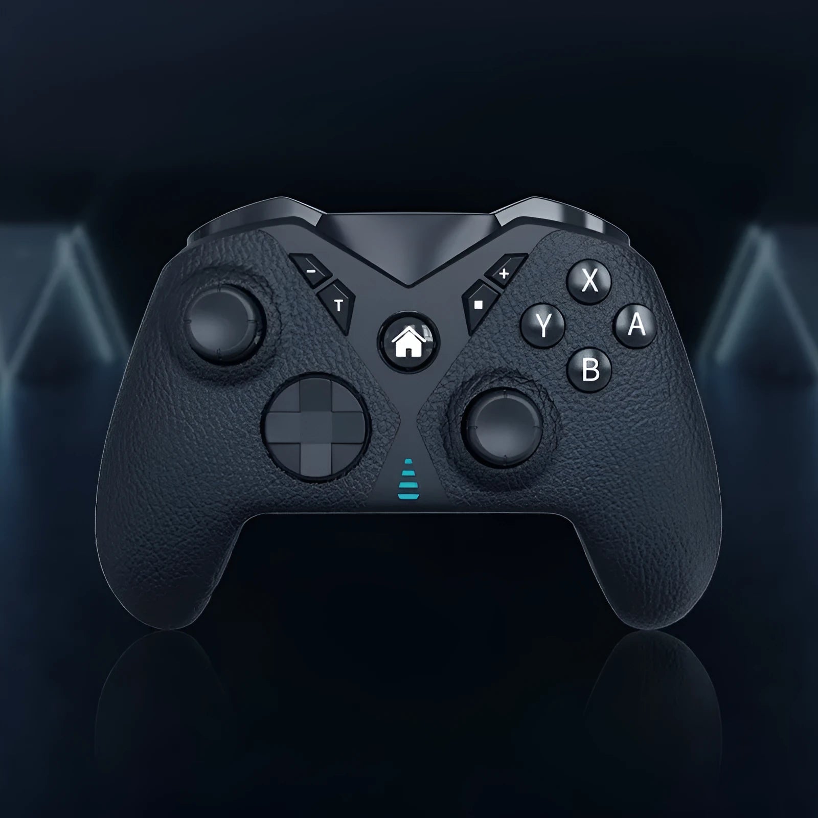 Black wireless game controller with leather-texture grips on ABS plastic shell, showing type-C port.