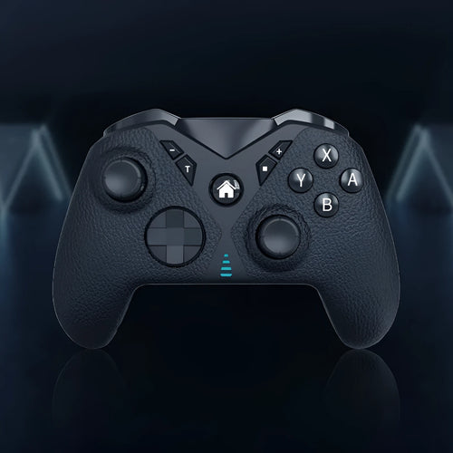 Black wireless Bluetooth gaming controller with leather-pattern texture on grips for Nintendo, PC and phone.
