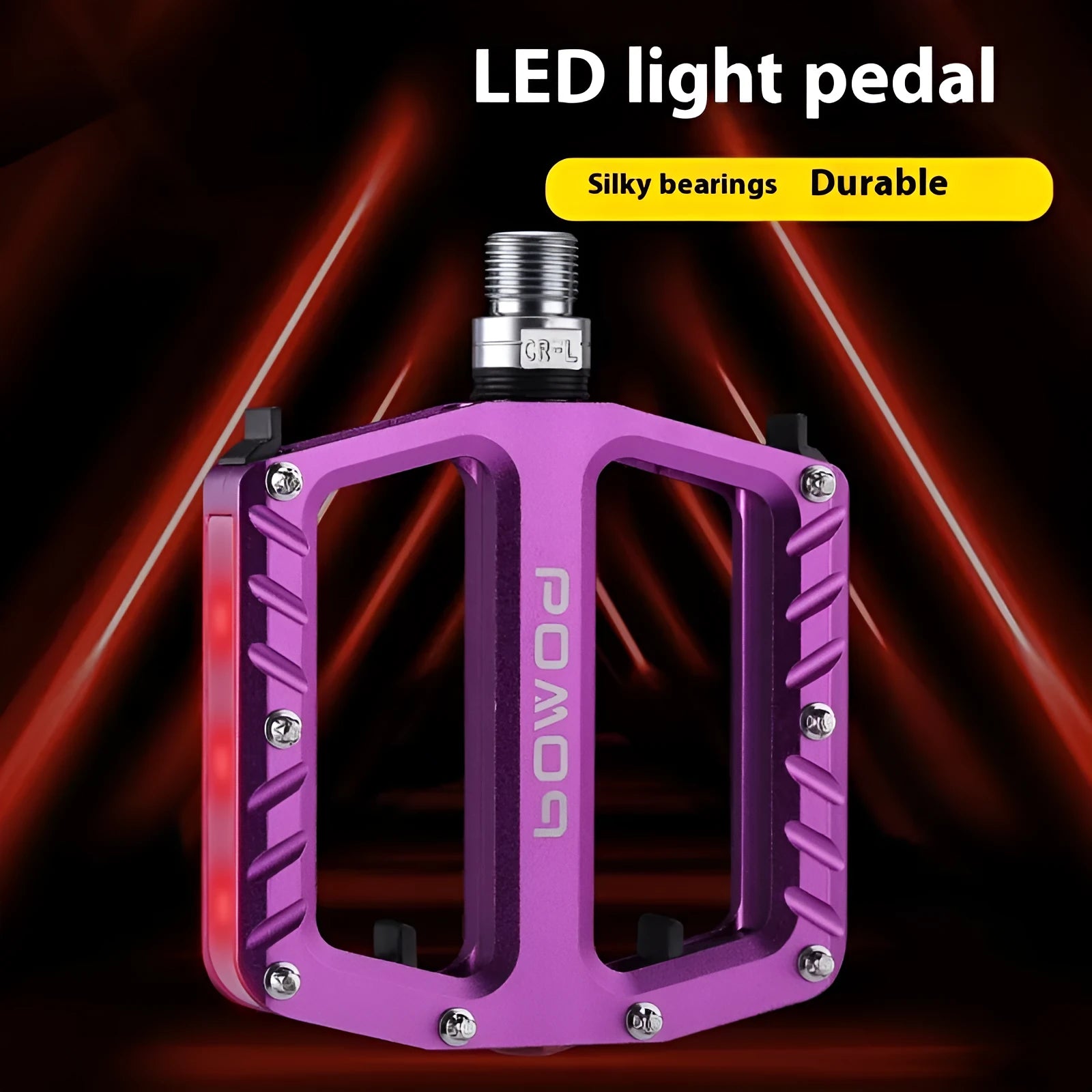 Bicycle pedal with LED lights in aluminium alloy construction, showing multiple colour options
