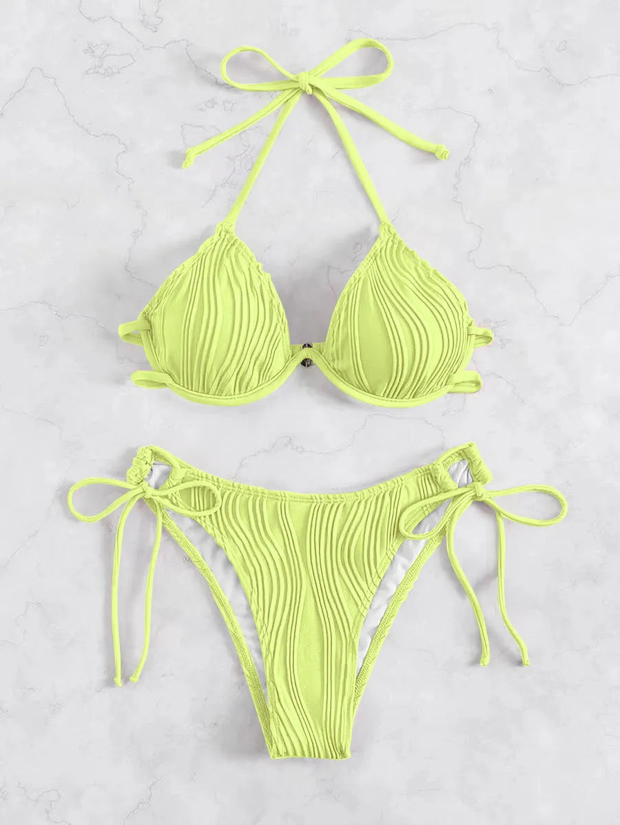 Women's apricot coloured bikini set with underwire cups and adjustable ties.