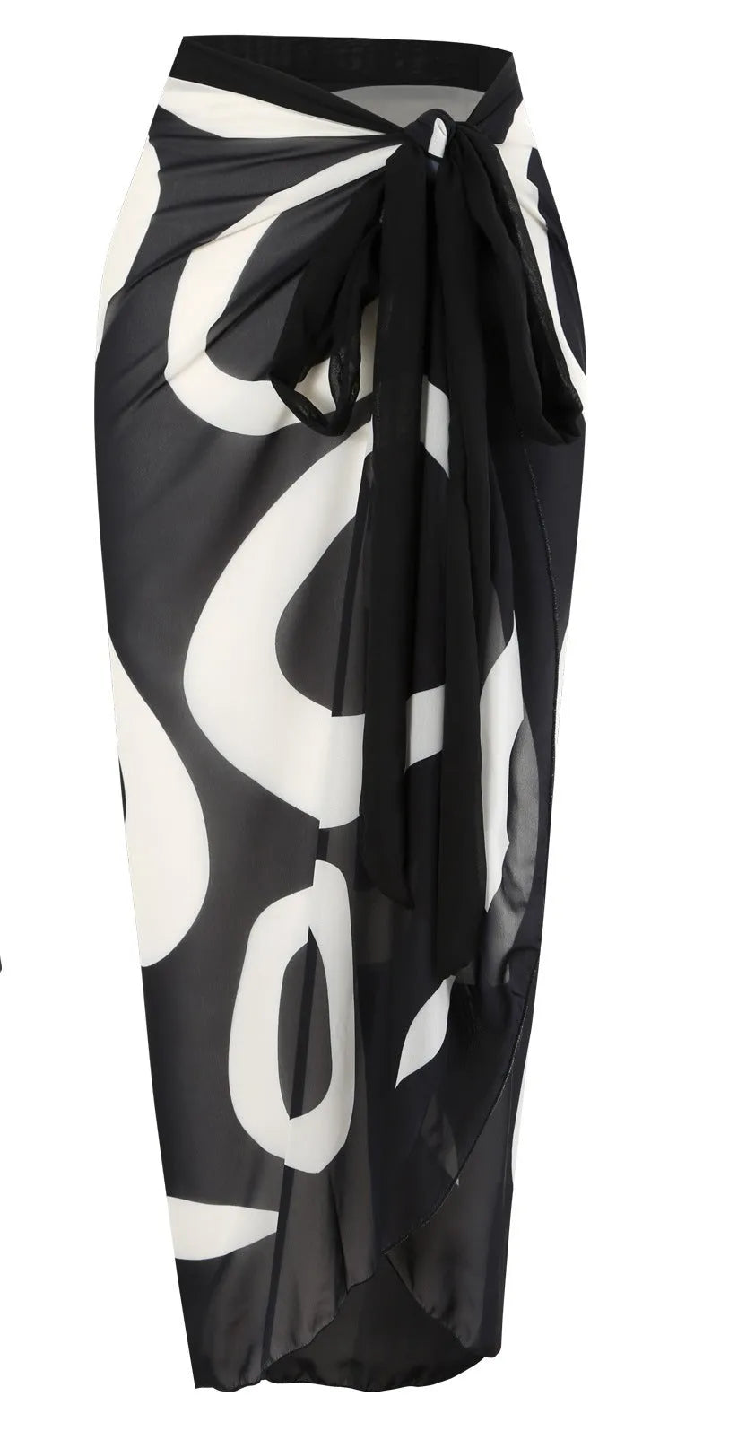 Black one-shoulder two-piece swimsuit with briefs and wrap skirt, sizes S-XL, nylon fabric.