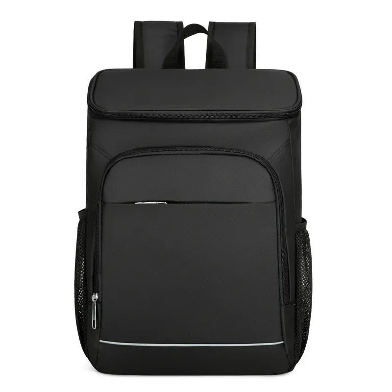 Large black outdoor camping backpack with curved shoulder straps and multiple compartments.