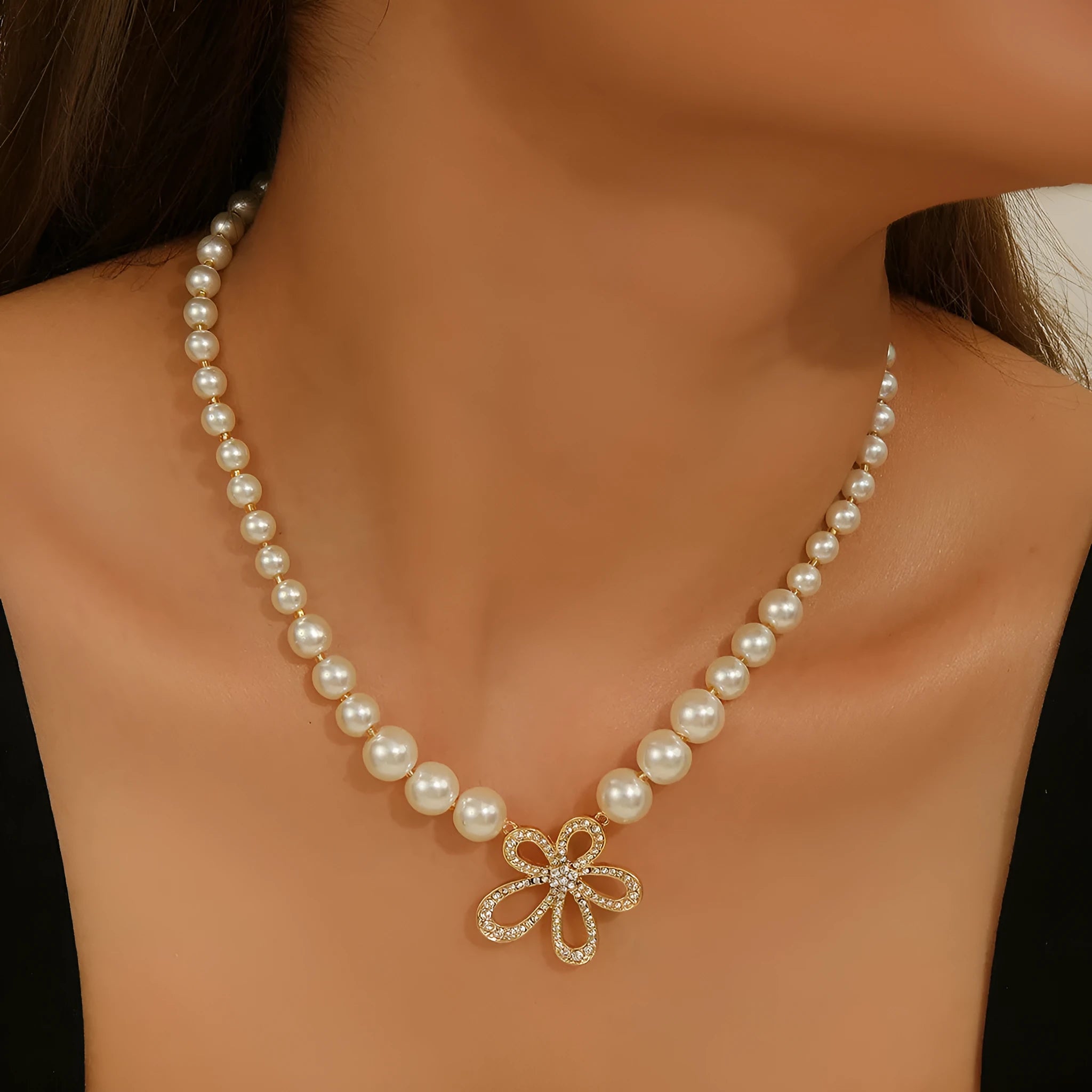 French romantic flower pendant necklace in silver tone with adjustable chain on white background