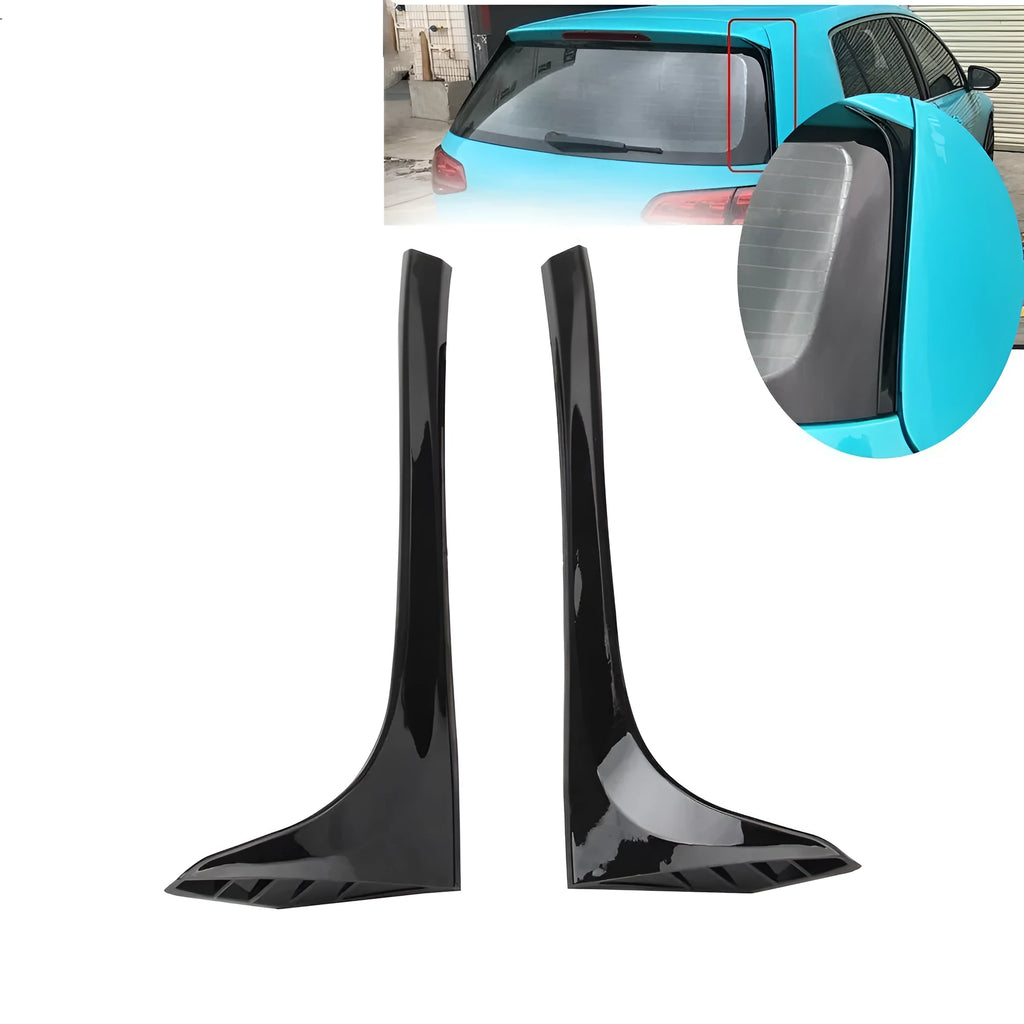 Pair of glossy black ABS plastic rear window side spoiler wings for Volkswagen Golf MK7 on white background