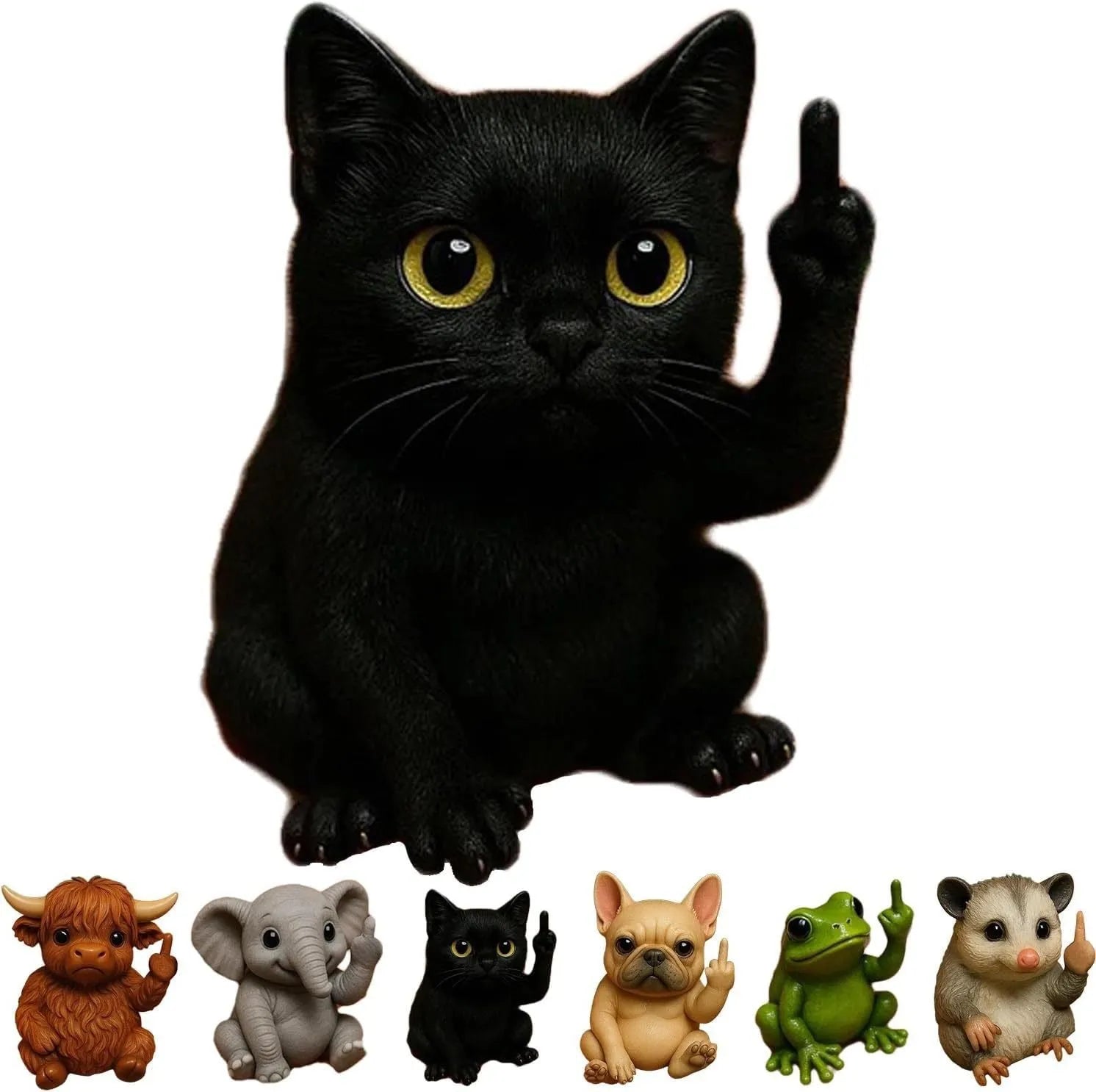 Mini animal-themed vertical middle finger doll ornament in resin and plastic on a desk.