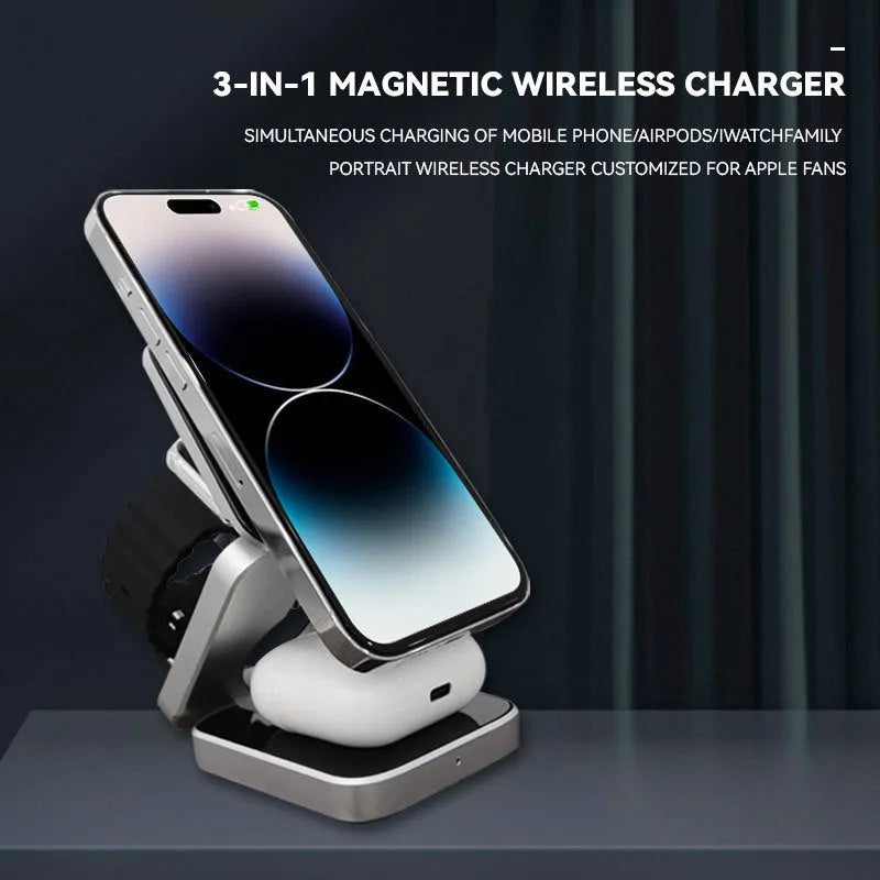 Three-in-one desktop wireless charging bracket showing iPhone, Samsung phone, and Pixel Watch charging simultaneously