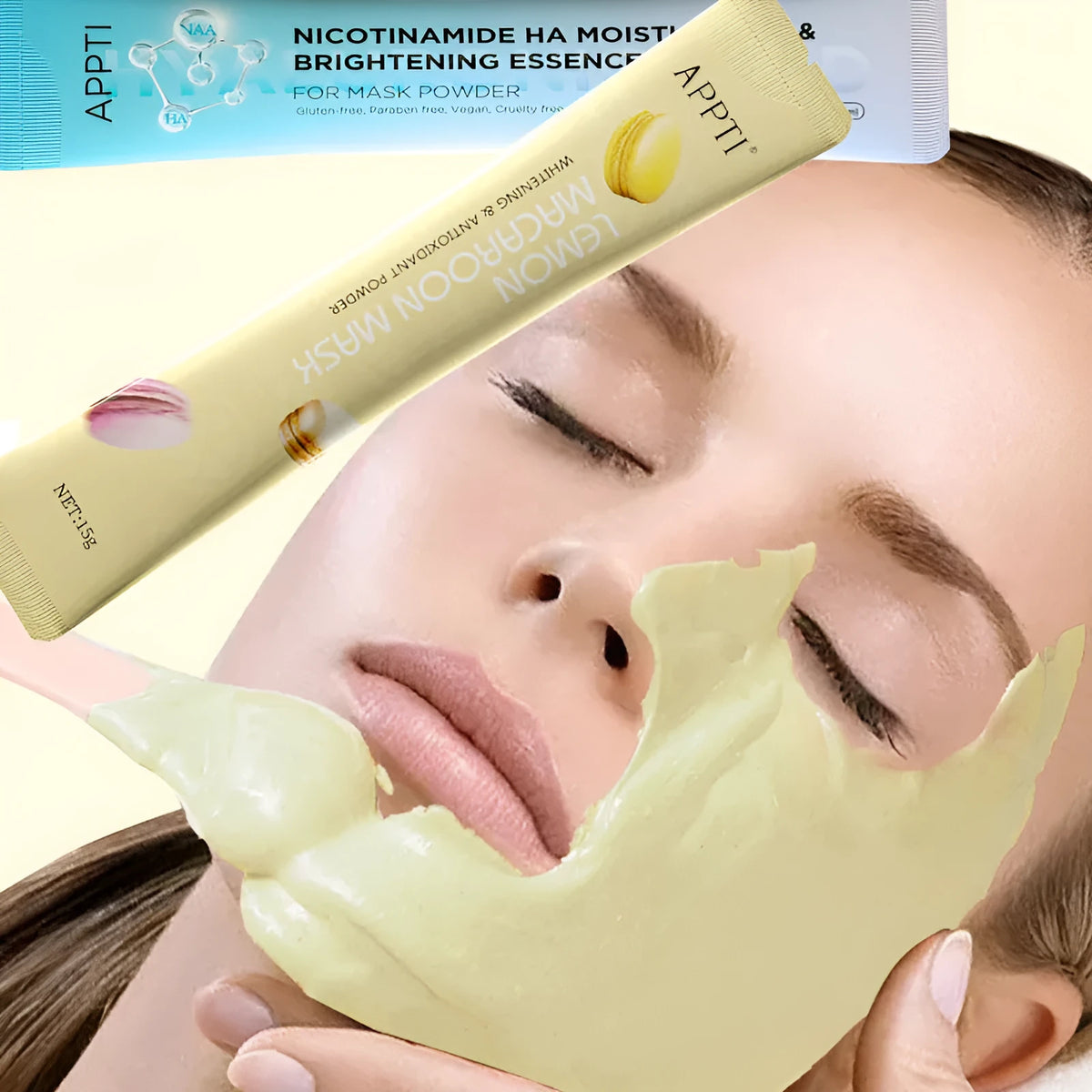 15g peel-off facial mask powder with Vitamin C and lemon extract, available in Lemon and Niacinamide options
