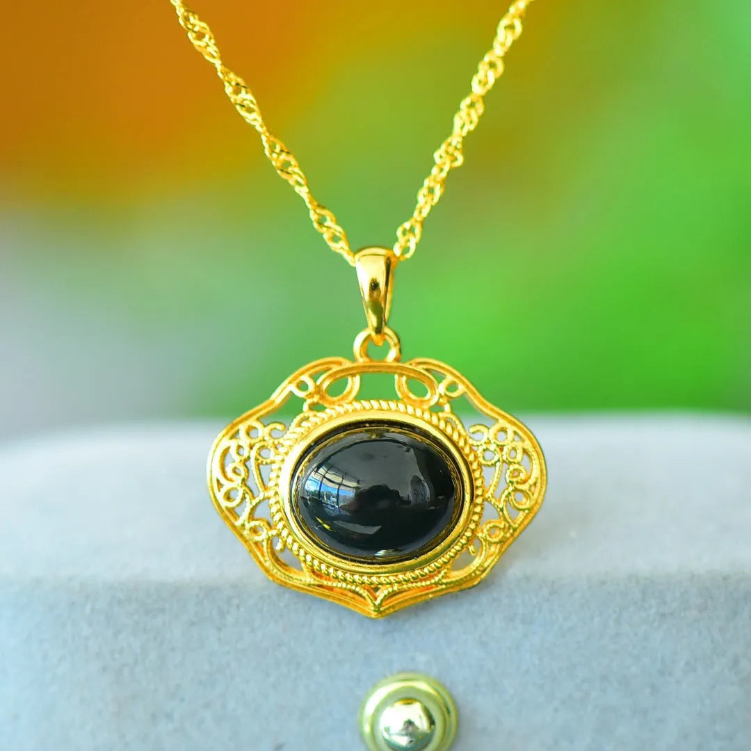 Flat natural grey Hetian jade pendant with copper inlay on a necklace chain, modern minimalist style.