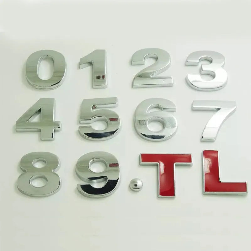 3D metal car bumper stickers showing individual zinc alloy letters in silver and black finishes