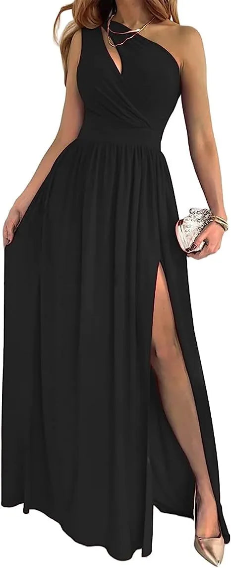 Women's one-shoulder cocktail maxi dress with high side split and sleeveless cutout in soft fabric