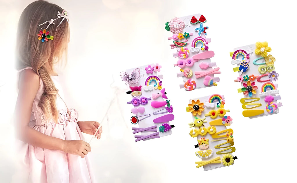 14-piece toddler hair accessories set showing colourful rainbow barrettes, candy fruit clips and butterfly designs