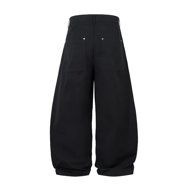 Black men's casual trousers with pleated machete design and wide-leg cut
