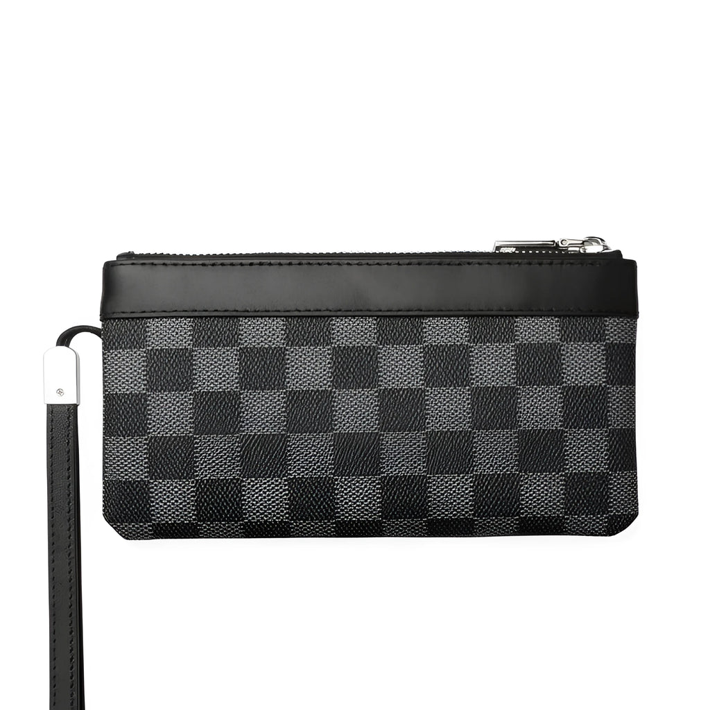 Black plaid textured men's leather clutch wallet showing front view.