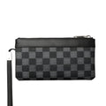 Black plaid textured men's leather clutch wallet showing front view.