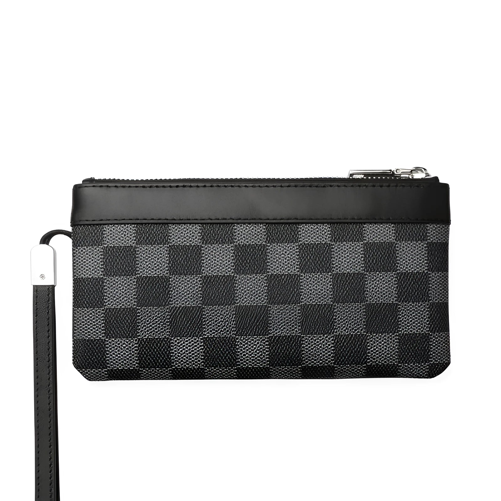 Black plaid textured men's leather clutch wallet showing front view.