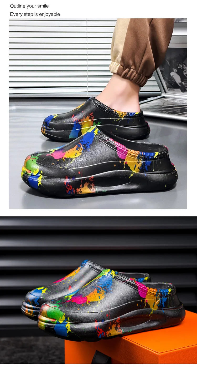 Men's black waterproof EVA work slippers with toe cap and textured sole for kitchen or workshop use