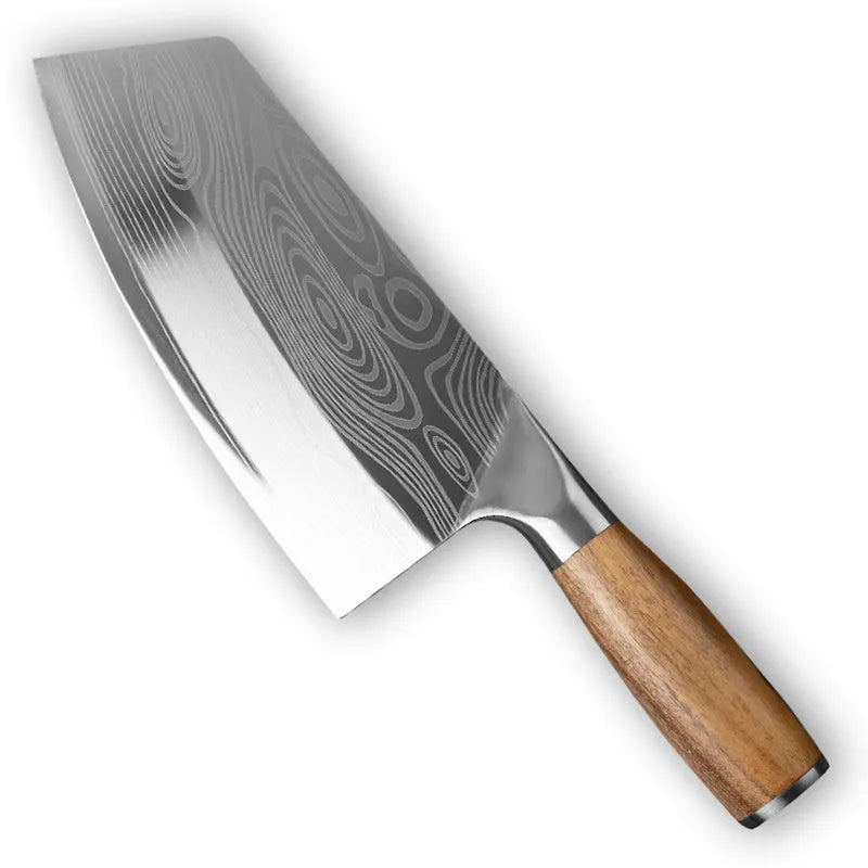 Stainless steel kitchen knife with a 320mm forged blade on a kitchen counter.