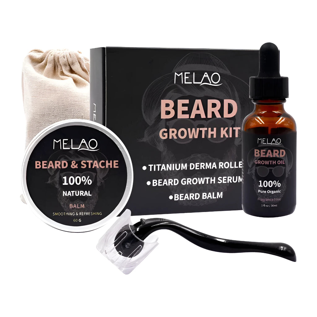 Men's three-piece beard care kit with beard oil, beard cream, beard roller and cloth bag