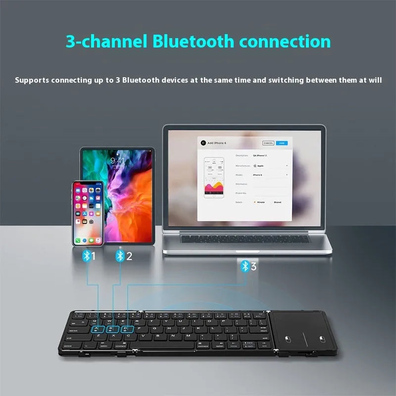Black folding Bluetooth keyboard for mobile phones and tablets with touchpad or digital board options