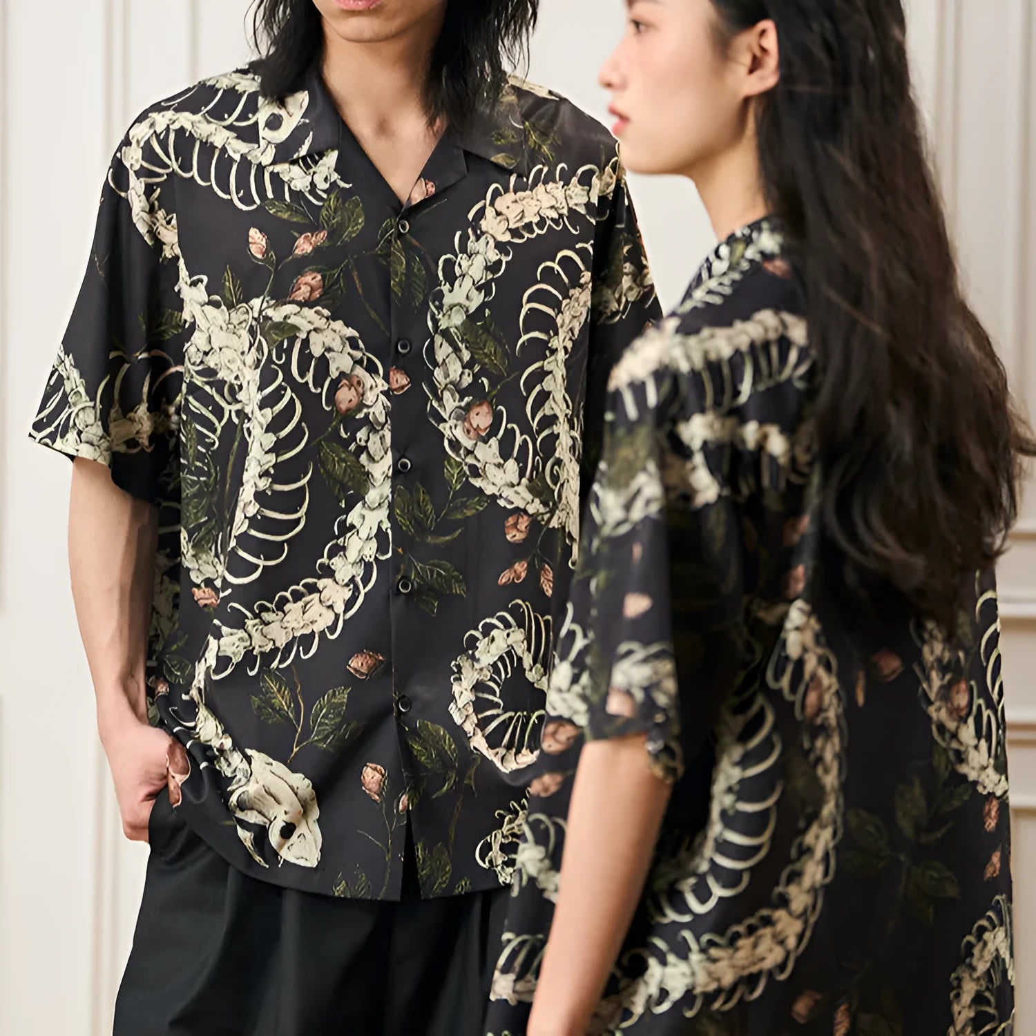 Short sleeve loose fit Cuban collar shirt with snake bone and floral printed pattern in various colours.