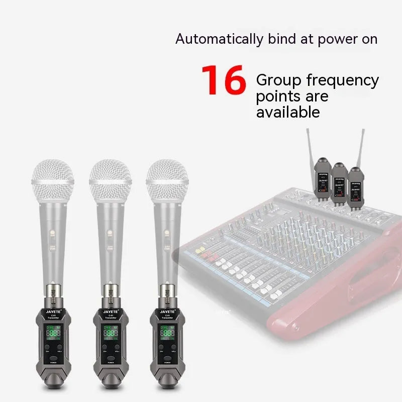 Moving coil microphone converter wireless transmission receiver set with transmitter, receiver, converter head, and charging cable