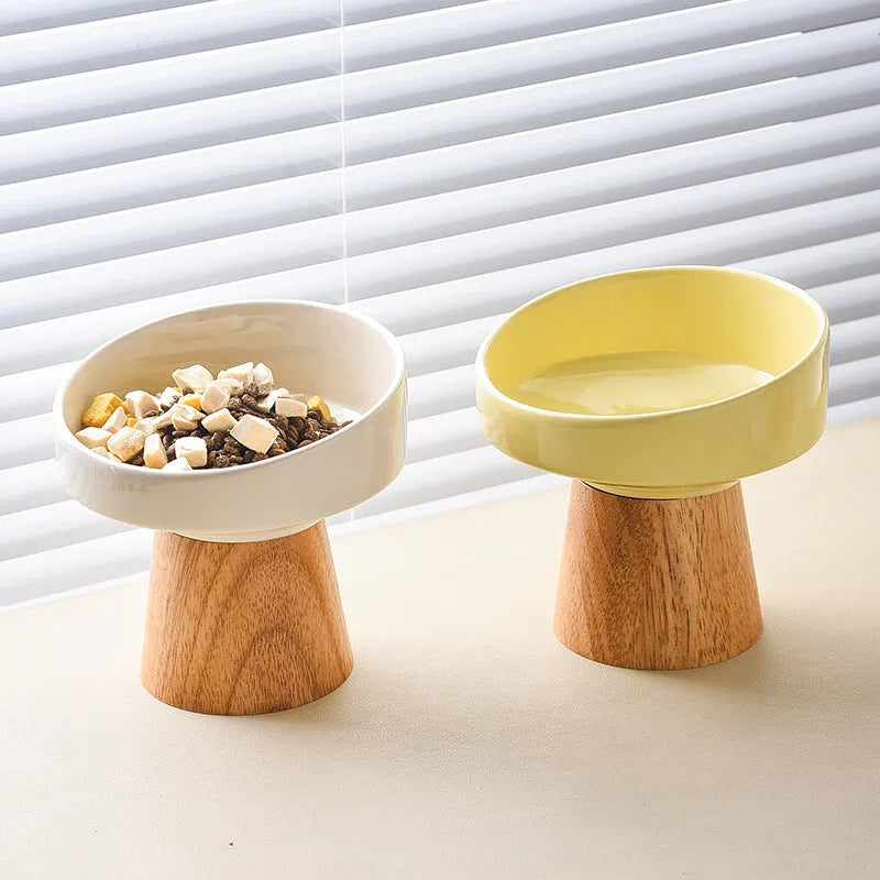 Ceramic pet bowl for cats and small dogs in beige, green, khaki, or yellow, elevated design