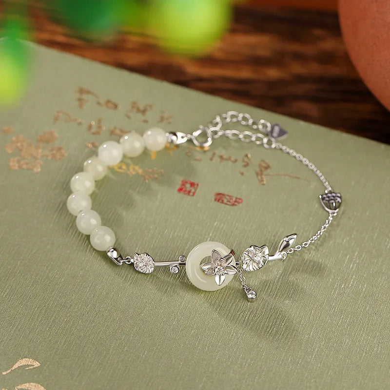 Women's 925 silver bracelet with Hetian jade lotus peace buckle in gold finish