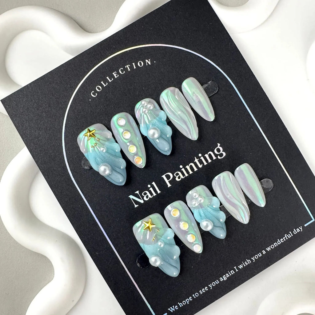 HAILANG blue shell design plastic false nail tips set in XS, S, M, L sizes