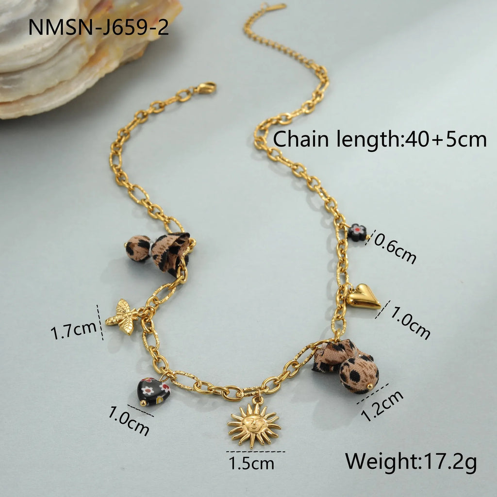 Stainless steel necklace with a geometric leopard and love heart flower pendant on an adjustable chain.