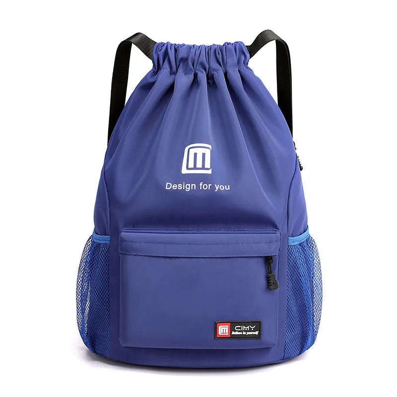 Water-repellent Oxford travel backpack with drawstring closure in black colour showing bucket shape and double shoulder straps