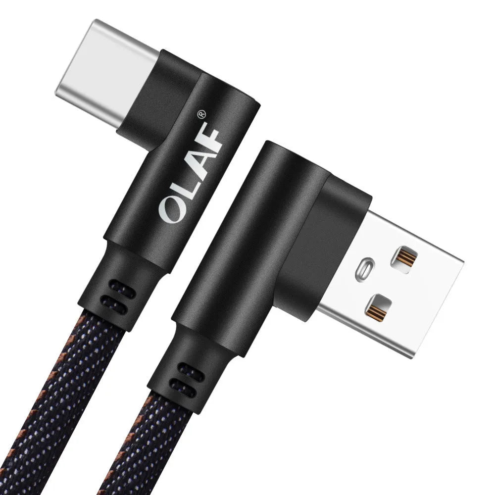 Denil fabric braided USB fast charging cable with aluminium alloy connectors in black and blue.
