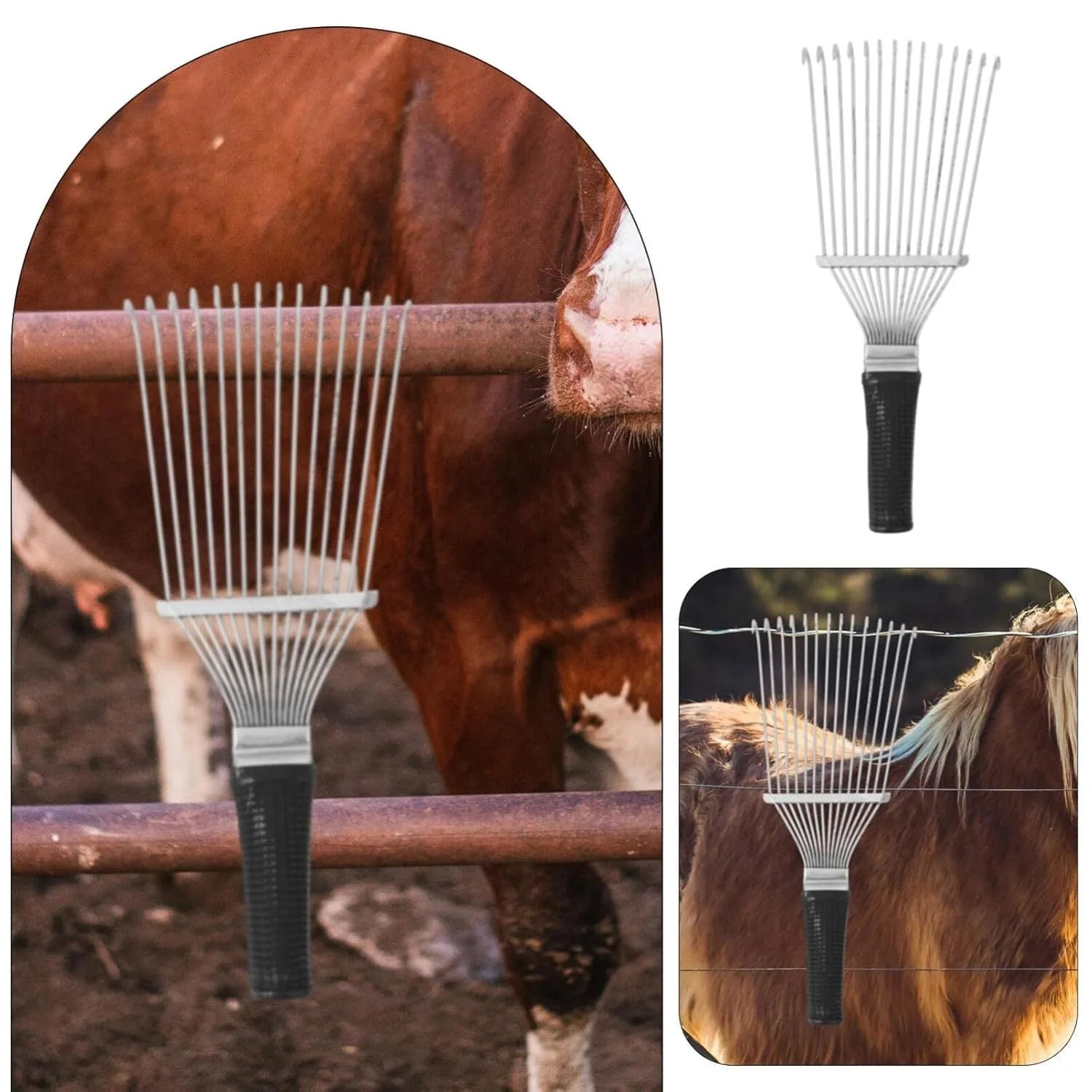 Stainless steel dematting brush and grooming rake for horses and pets on a wooden surface.