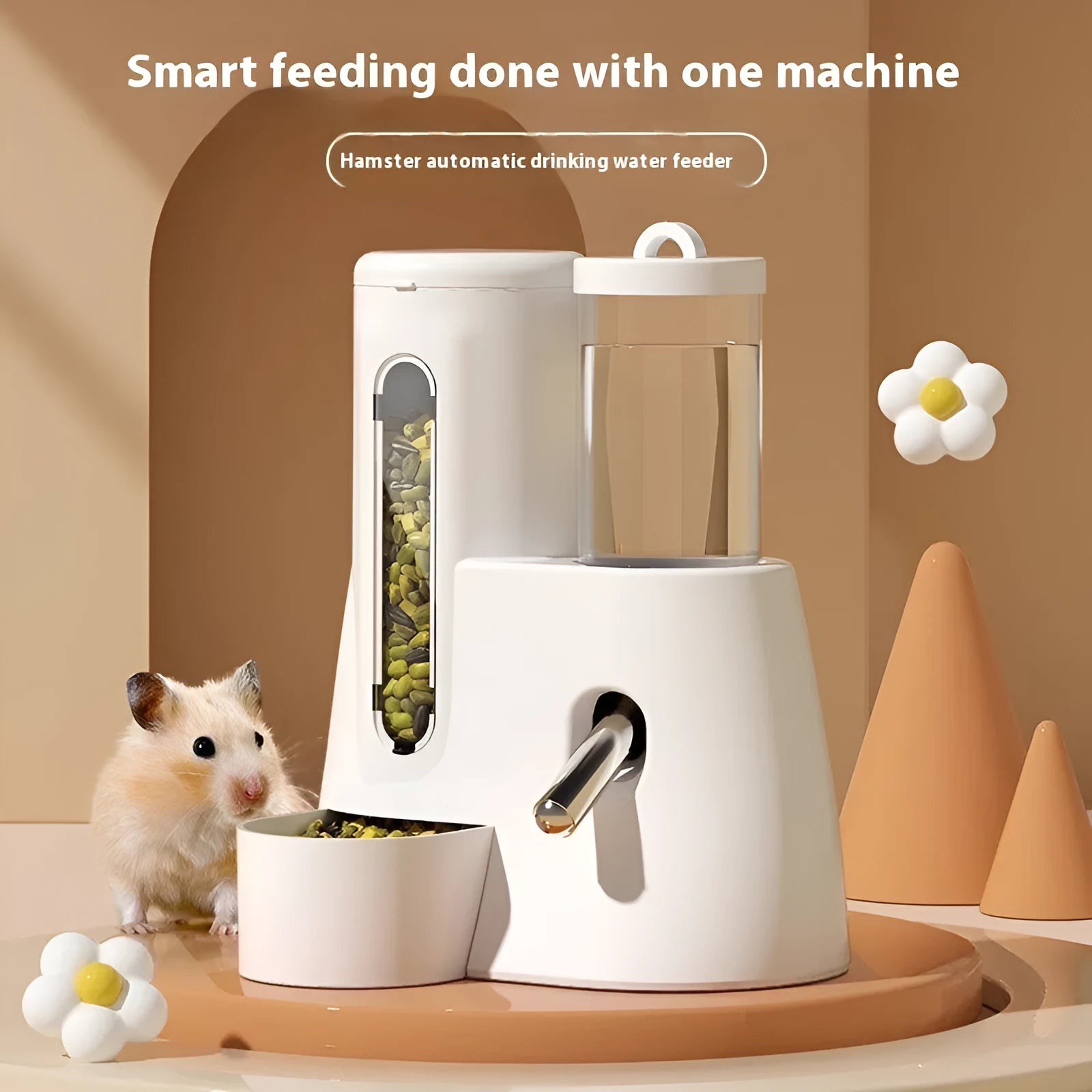 White, blue, and pink hamster automatic drinking water feeder and food basin for cage use.