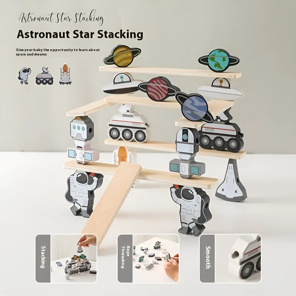 Wooden astronaut starry sky stacking building blocks toy in colour box for children aged 4-6