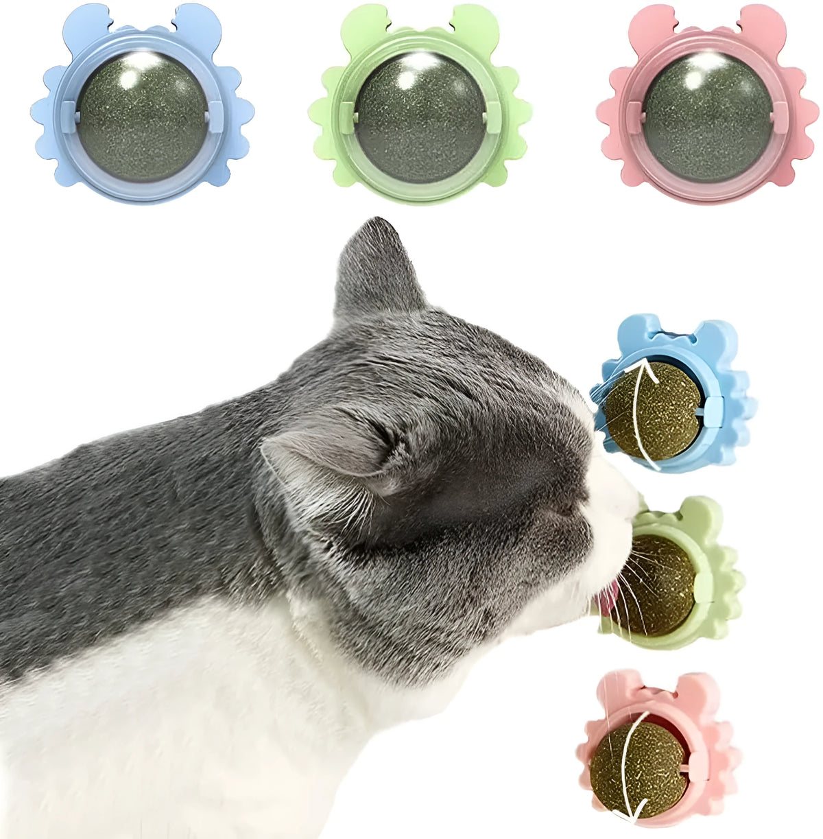 Catnip wall ball toy with three removable catnip balls in a wall-mounted rotatable holder, shown in Blue, Green and Pink.