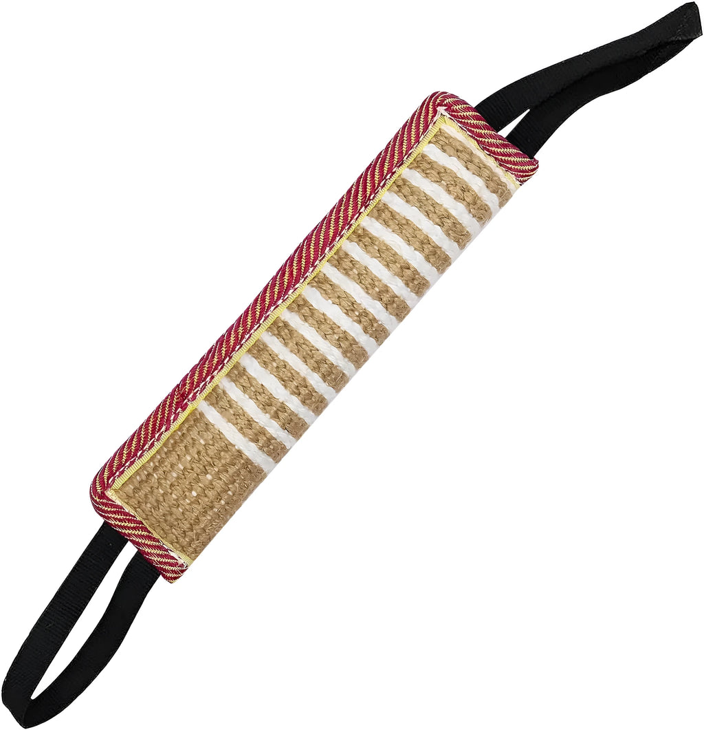 Beige jute dog tug toy with two fabric handles on a grey background.
