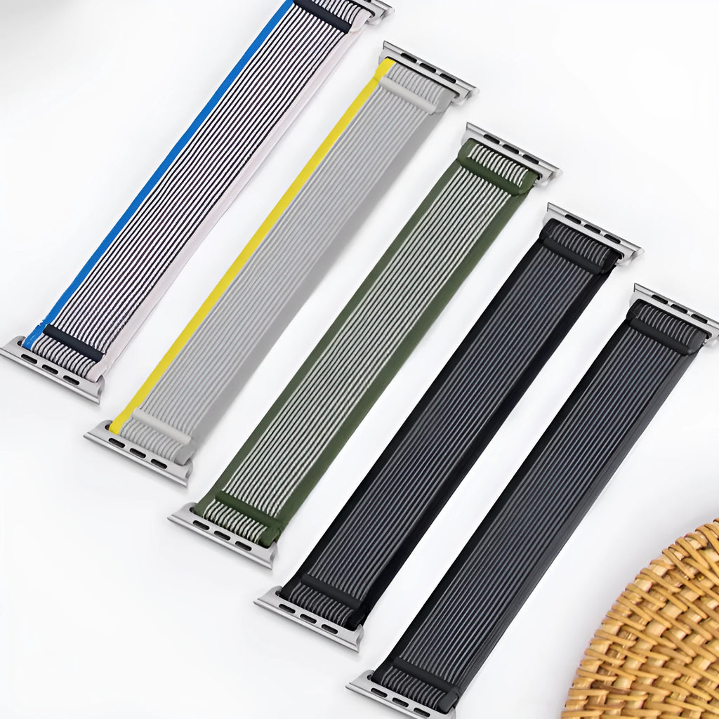 Single ring integrated nylon replacement strap for Apple Watch in multiple colours and sizes.