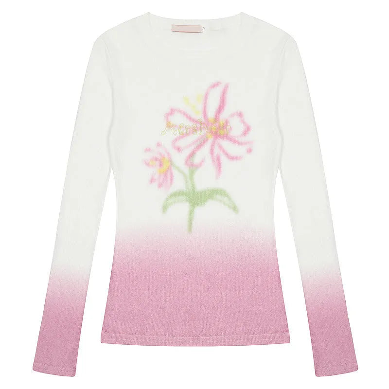 Women's yellow green gradient flower long-sleeved T-shirt made from thin polyester fabric, laid flat.
