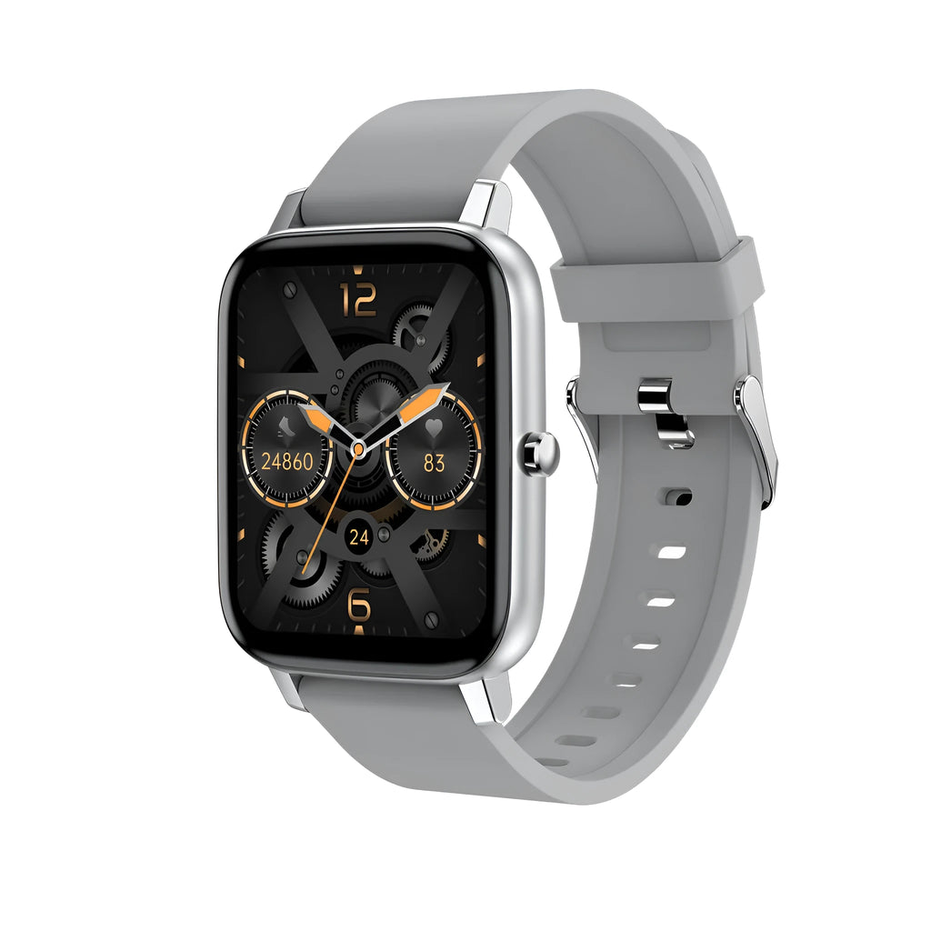 H80 smartwatch with black silicone strap showing ECG and heart rate data on its 1.69-inch screen.