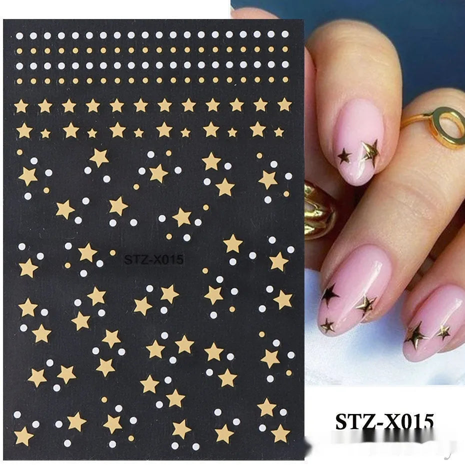 Cartoon-themed nail art sticker sheet with black and silver strip patterns and love motifs